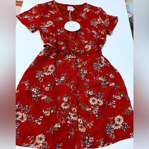 Red Floral Button-Front Mini Dress with Self-Tie Waist